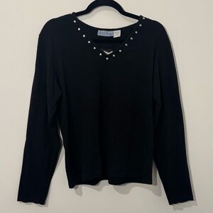 Country Tease Black Long Sleeve Top Heart Cutout Back Studded V-Neck Size L